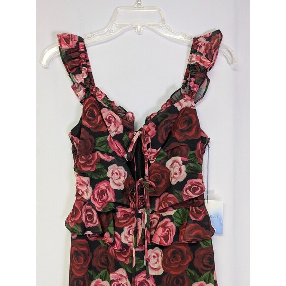 MAJORELLE Black Floral Red Rose Dress Ruffles Romantic Hi Low Flowy Gown Small - Picture 5 of 16